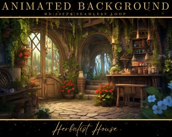 May include: A charming herbalist shop interior with a wooden door, stone walls, and a counter filled with jars and bottles. The shop is decorated with plants and flowers, and the text "Herbalist House" is visible in the foreground.