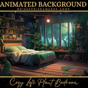 Peut inclure: Une chambre à coucher confortable avec un lit, des plantes et une fenêtre donnant sur une forêt luxuriante. La pièce a un sol en bois et un plafond en bois. Le texte "Cozy Lofi Plant Bedroom" est écrit en lettres dorées en bas de l'image.