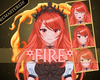 May include: A digital illustration of a woman with long red hair wearing a black crown and a black and white dress. The text "*FIRE*" is in the foreground. The image is labelled "REMASTERED!" in the top left corner. The woman has three different facial expressions in the background.