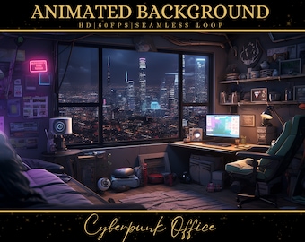 May include: A cyberpunk-themed office with a large window overlooking a city skyline at night. The room is decorated with neon signs, posters, and other futuristic elements. A gaming chair sits in front of a computer desk with a monitor, keyboard, and mouse.