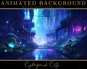 May include: A digital illustration of a cyberpunk city at night. The scene features a narrow street lined with overgrown buildings and glowing lights. The street is wet and reflective, and there are glowing mushrooms and plants growing along the sides.