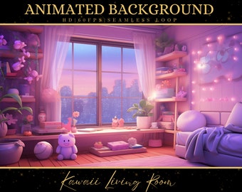 May include: A pink and purple living room with a large window overlooking a city skyline. The room features a sofa, a bookshelf, a teddy bear, and a string of fairy lights. The text "Kawaii Living Room" is written in gold letters at the bottom of the image.