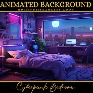 Vtuber Animated Background, Cozy Lofi Ambience Cyberpunk Bedroom, Blue Twitch Fantasy Stream Overlay, Vtuber Seamless Looped Background