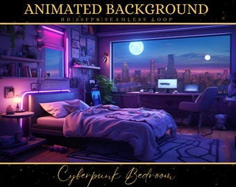 May include: A cyberpunk-themed bedroom featuring a bed, a desk, and a window with a view of a city skyline. The room is illuminated with neon lights and has a futuristic feel. The text "Cyberpunk Bedroom" is visible at the bottom of the image.