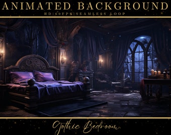 May include: A dark, gothic bedroom with a large four-poster bed, a fireplace, and a window overlooking a snowy forest. The room is lit by candles and the moonlight shining through the window. The text "Gothic Bedroom" is written in gold script at the bottom of the image.