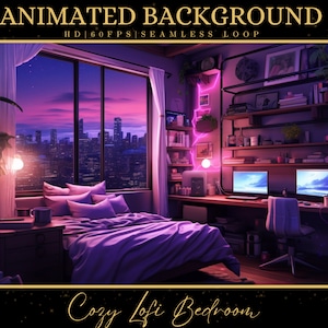 Vtuber animierter Hintergrund, gemütliche Lofi-Schlafzimmer-Szene, rosa Twitch-Fantasy-Stream-Overlay, virtuelle Fantasie, Vtuber-nahtloser Loop-Hintergrund