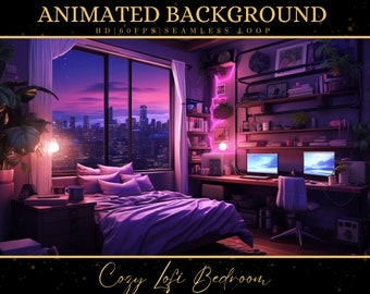 May include: A digital illustration of a cosy bedroom with a bed, a desk, and a window with a view of a city skyline at night. The room is decorated in a modern style with a pink neon sign and a bookshelf. The text "Cozy Lofi Bedroom" is written in the bottom right corner of the image.