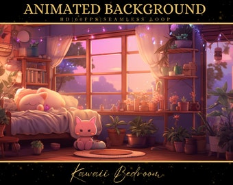 May include: A digital illustration of a kawaii bedroom featuring a bed, a window, and plants. The bed has a pink and white blanket with a white cat sleeping on it. There is a pink cat plush toy sitting on the floor. The window looks out onto a sunset and trees. There are plants on the windowsill and on the shelves. The text "Kawaii Bedroom" is written in gold letters at the bottom of the image.
