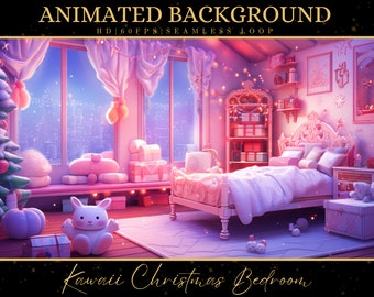 May include: A pink and white bedroom with a bed, a Christmas tree, and presents. The room is decorated with lights and snowflakes. The text "Kawaii Christmas Bedroom" is at the bottom of the image.