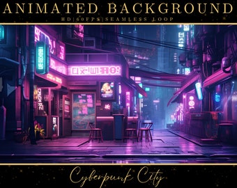 May include: A digital illustration of a cyberpunk city street at night. The street is lined with neon signs and buildings. There are several tables and chairs in the foreground, and the street is wet from the rain.