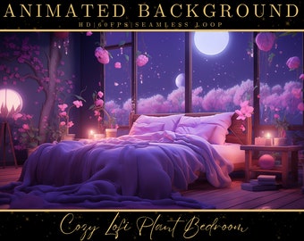 May include: A cosy bedroom featuring a large bed, a bedside table, and a window overlooking a moonlit forest. The room is decorated with plants and flowers, and candles are on the bedside table. The text "Cozy Lofi Plant Bedroom" is at the bottom of the image.