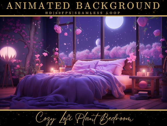 Vtuber Animated Background, Cozy Lofi Plant Bedroom, Pink Twitch Fantasy Stream Overlay, Virtual Fantasy, Vtuber Seamless Loop Background