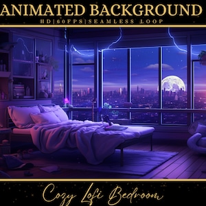 May include: A digital illustration of a cozy bedroom with a large window overlooking a city skyline at night. The room is decorated in a lofi aesthetic with a bed, a chair, and a lamp. The moon is visible in the sky.