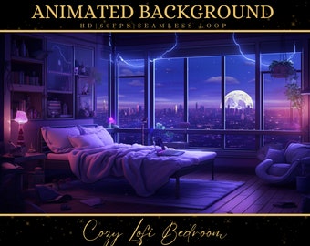 May include: A digital illustration of a cosy bedroom with a large window overlooking a city skyline at night. The room is decorated in a lofi aesthetic with a bed, a chair, and a lamp. The moon is visible in the sky.