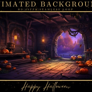 May include: A digital illustration of a spooky Halloween scene with a wooden cabin interior. The scene features a glowing fireplace, a wooden table with pumpkins, and a view of a forest through an arched doorway. The text "Happy Halloween" is written in a decorative font at the bottom of the image.