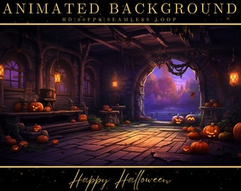 May include: A digital illustration of a spooky Halloween scene with a wooden cabin interior. The scene features a glowing fireplace, a wooden table with pumpkins, and a view of a forest through an arched doorway. The text "Happy Halloween" is written in a decorative font at the bottom of the image.