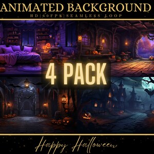 Könnte beinhalten: Vier animierte Halloween-Hintergrundschleifen. Die Hintergründe zeigen ein gruseliges Schlafzimmer, einen dunklen Flur, einen Friedhof und ein Dorf mit Vollmond. Die Hintergründe sind perfekt, um Halloween-Videos oder Animationen zu erstellen.