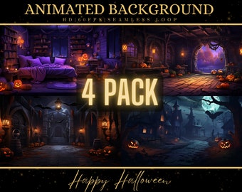 May include: Four animated Halloween background loops. The backgrounds feature a spooky bedroom, a dark hallway, a graveyard, and a village with a full moon. The backgrounds are perfect for creating Halloween-themed videos or animations.