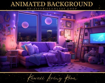 May include: A purple and pink living room with a sofa, a bookcase, a desk, and a TV. The room is decorated with fairy lights, a string of lights, and a few plants. The room has a city skyline view from the window. The text "Kawaii Living Room" is at the bottom of the image.