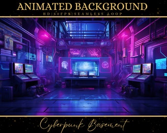 May include: An animated background with a cyberpunk theme, depicting a futuristic basement. The scene features neon lights, computer screens, and a dark, industrial aesthetic.