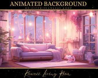 May include: A pink and white living room with a sofa, a chair, a cat, and a window with a view of a pink sky. The room is decorated with fairy lights and flowers. The text "Kawaii Living Room" is written on the floor.