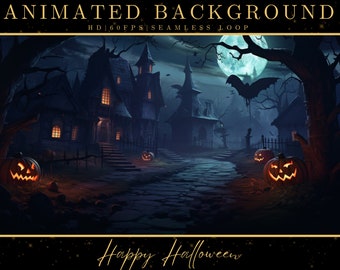 May include: A spooky Halloween scene with a dark, cobbled path leading to a haunted house. The house has glowing windows and a spooky bat flying overhead. There are jack-o'-lanterns with glowing faces on the path. The text "Happy Halloween" is written in gold script at the bottom of the image.