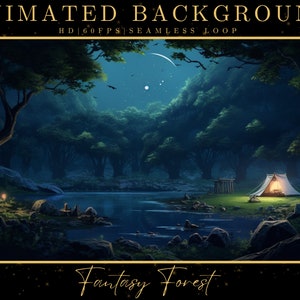 Puede incluir: Una ilustración digital de una escena de bosque de fantasía por la noche. La escena presenta un lago, árboles, una tienda de campaña y una fogata. El cielo es azul oscuro con estrellas y una luna creciente. El texto "Fantasy Forest" está escrito en una fuente cursiva en la parte inferior de la imagen.