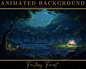 May include: A digital illustration of a fantasy forest scene at night. The scene features a lake, trees, a tent, and a campfire. The sky is dark blue with stars and a crescent moon. The text "Fantasy Forest" is written in a cursive font at the bottom of the image.