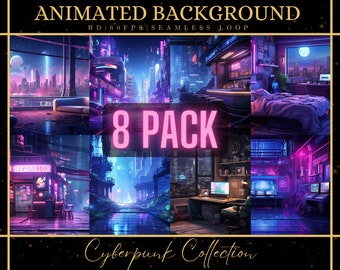 May include: A collection of 8 animated cyberpunk backgrounds. The backgrounds feature neon lights, futuristic cityscapes, and cyberpunk themes. The backgrounds are seamless loops and are in HD 60FPS.