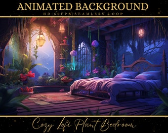 May include: A cosy bedroom with a large bed, surrounded by lush greenery and hanging plants. The room has a large window with a view of a mountain range. The text "Cozy Lofi Plant Bedroom" is at the bottom of the image.