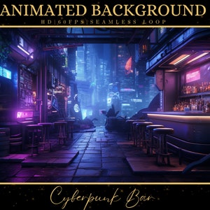 Vtuber animerad bakgrund, mysig Lofi Atmosphere Cyberpunk Bar, blå Twitch Fantasy Stream Overlay, Vtuber sömlös loopad bakgrund