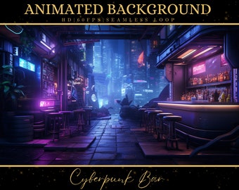 Vtuber Animated Background, Cozy Lofi Ambience Cyberpunk Bar, Blue Twitch Fantasy Stream Overlay, Vtuber Seamless Looped Background