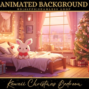 Vtuber animierter Hintergrund, gemütliches Lofi-Ambiente Kawaii Weihnachten Schlafzimmer, rosa Twitch Fantasy Stream Overlay, Vtuber Seamless Loop Hintergrund