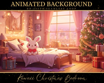 May include: A digital illustration of a kawaii Christmas bedroom featuring a bed, a Christmas tree, and a white bunny plush toy. The room is decorated with fairy lights and a window with a view of a city skyline.