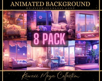 May include: A collage of eight animated backgrounds featuring kawaii themes. Each background is a seamless loop with a pink, purple and blue colour scheme. The backgrounds feature clouds, stars and cute characters. The text "8 PACK" is displayed in pink letters on a white background.