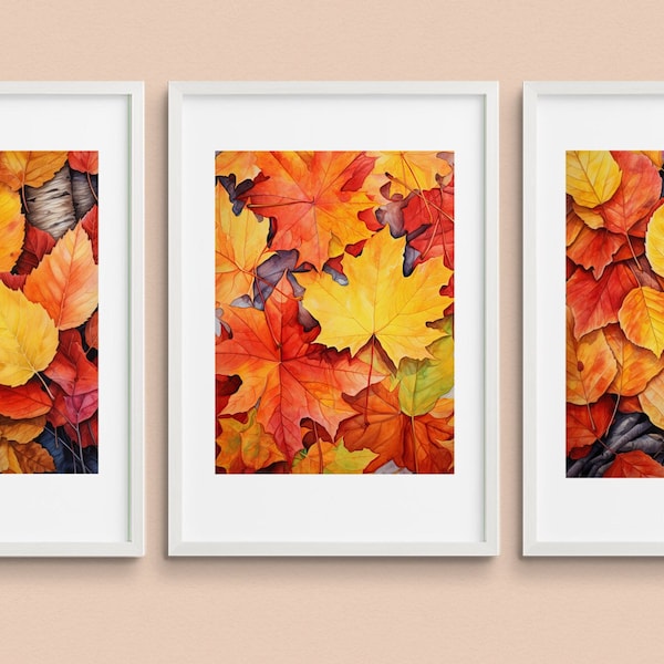 Watercolor Autumn Leaves Poster Set, Set of three, Leaf Prints, Color Wall Art Bundle, Digital Download, Triptych, Fall Seasons, Maple Birch