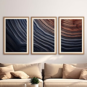 Zestaw 3-częściowych obrazów ściennych z motywem drewna, abstrakcyjne wydruki, słoje drzew, nowoczesny wystrój, tryptyk do druku, natychmiastowe pobranie cyfrowe, drewniane