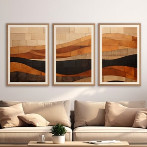 3 Piece Woodgrain Wall Art Set, Abstract Prints, Landscape, Modern Decor, Printable Triptych, Instant Digital Download, Wooden
