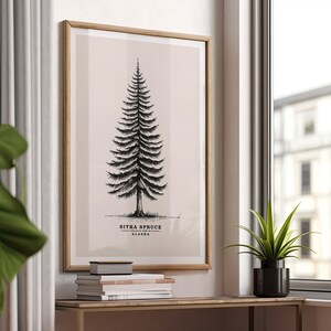 May include: A framed print of a black and white illustration of a Sitka Spruce tree. The text "Sitka Spruce - The State Tree of Alaska" is below the tree.