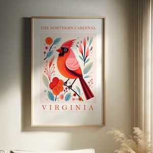 May include: A poster featuring a colourful illustration of a Northern Cardinal, the official state bird of Virginia. The poster has the text "The Northern Cardinal" and "Virginia" with the words "The Official State Bird Since 1950" underneath.