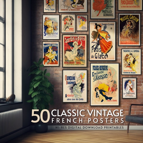 50 Printable Classic Vintage French Posters, Art Prints for Home Decor, Poster Collection Bundle, Instant Digital Download, Paris, France