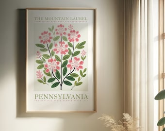 May include: A poster with a stylized illustration of the Mountain Laurel, the official state flower of Pennsylvania. The poster has a light green background with the text "The Mountain Laurel" and "Pennsylvania" in dark green. The text "Symbolizing hard work and perseverance" and "The official state flower since 1933" are in a smaller font.
