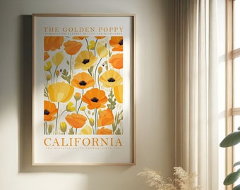 May include: A poster with a floral design featuring orange and yellow poppies. The text "THE GOLDEN POPPY" and "CALIFORNIA" is printed on the poster.