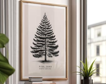 May include: A framed black and white illustration of a pine tree, the state tree of North Carolina. The image has a beige background and the text "Pine Tree, The State Tree of North Carolina" is printed below the tree.