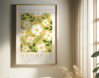 Estampado de flores del estado de Georgia, la rosa Cherokee, estampados de flores, carteles florales de moda, paquete de arte colorido, botánico, descarga digital