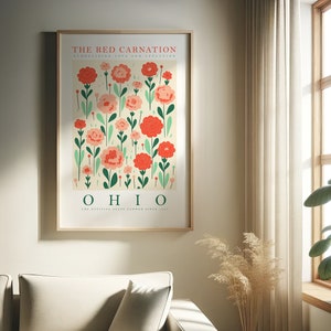 Estampado de flores del estado de Ohio, clavel rojo, estampados de flores, carteles florales de moda, paquete de arte colorido, botánico, descarga digital