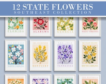 State Flower Gallery Wall Set, Southern States, Flower Prints, Trendy Floral Posters, Colorful Art Bundle, Botanical, Digital Download