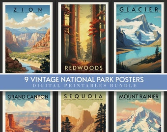 9 National Park Vintage Travel Poster Bundle, Printable, Instant Digital Download, Retro Prints, Nature, Outdoors, Forest Landscape