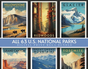All 63 National Parks Vintage Travel Posters, Mega Bundle, Print at home | Wall Art | PRINTABLE Wall Art | Digital Print | Instant Art