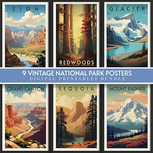 9 Paquete de carteles de viajes vintage del Parque Nacional, imprimible, descarga digital instantánea, impresiones retro, naturaleza, aire libre, paisaje forestal